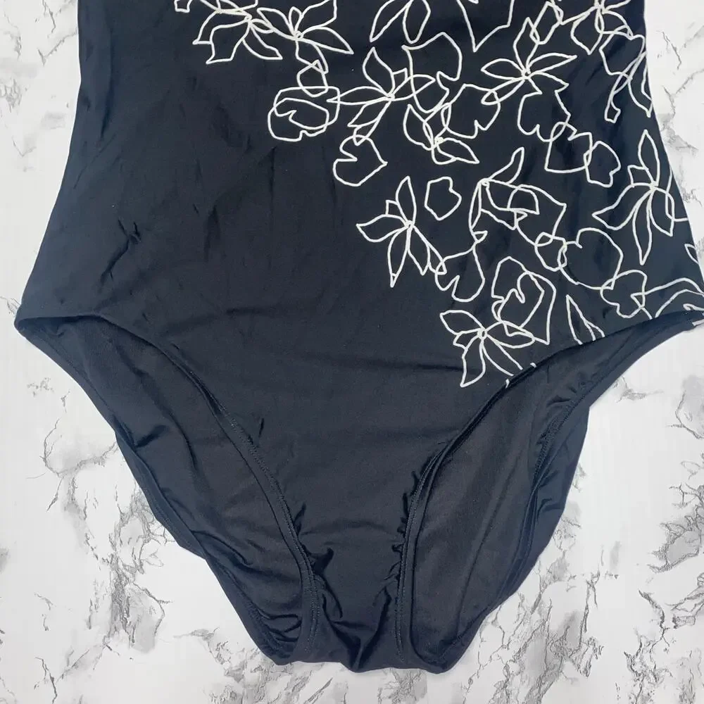 NWT Calvin Klein Black Floral Bandeau One Piece Swim Bathing Suit Womens Size 14